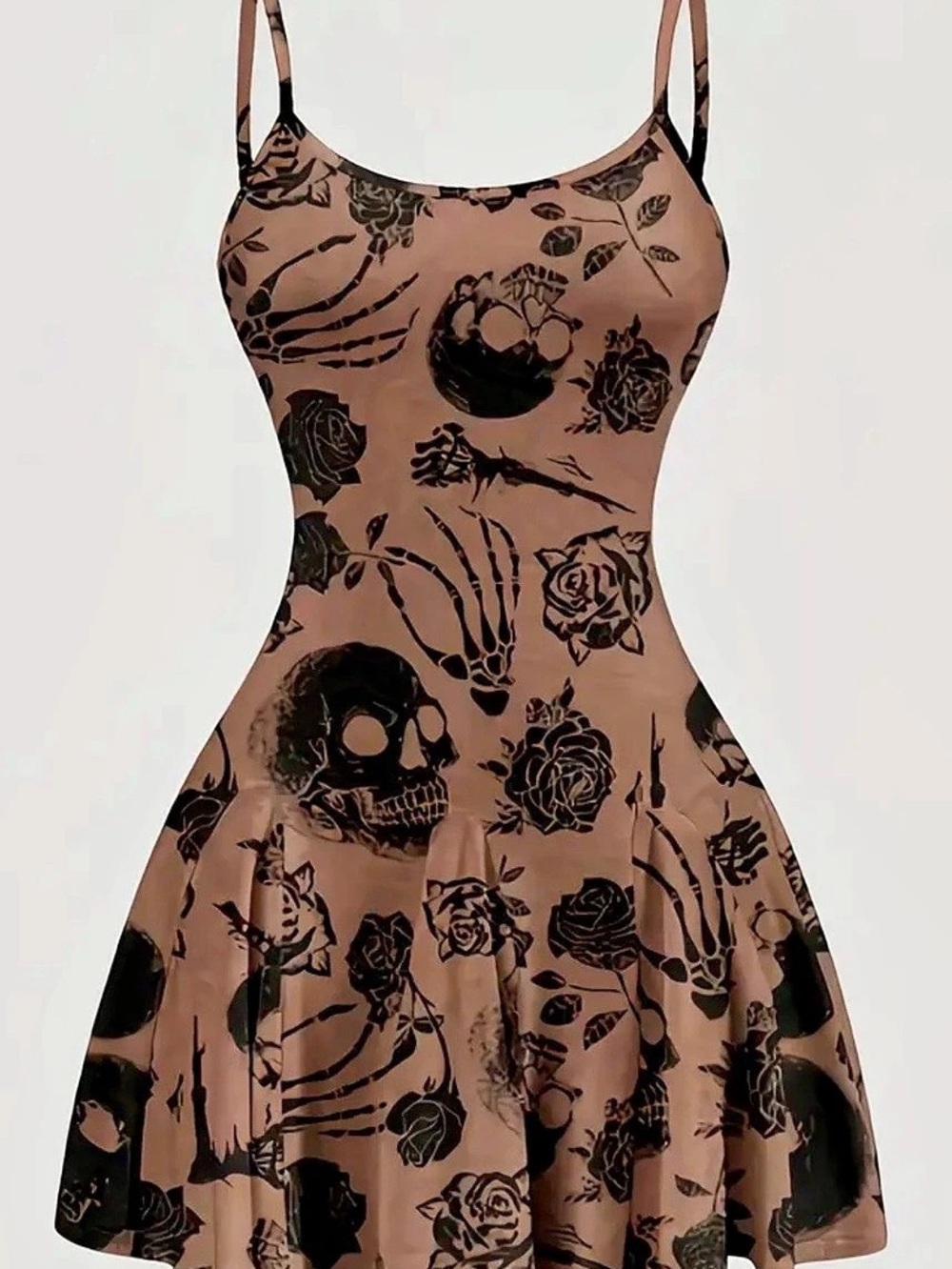 Floral Skulls Halloween brown Mini Dress w/ Black graphic brand New